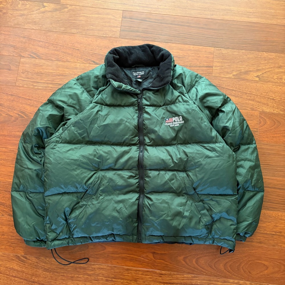 Polo Jeans Co Ralph Lauren Green Down Puffer Jacket XL Vintage Flag Logo